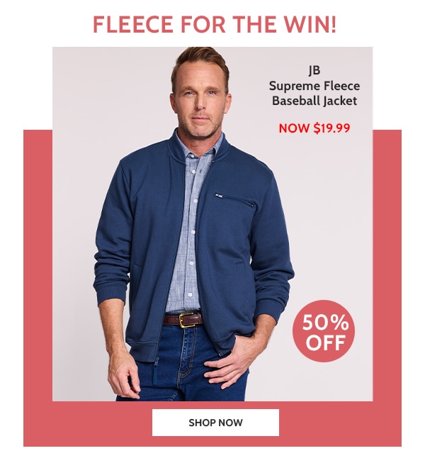 Fleece for the Win! JB Supreme Fleece Baseball Jacket Now $19.99 50% Off - Shop Now
